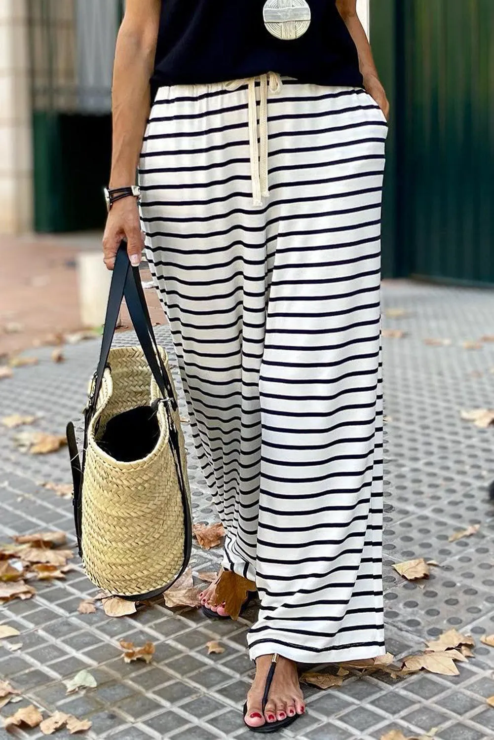 White Drawstring Striped Wide Leg Trousers sold by Beagle Boutique