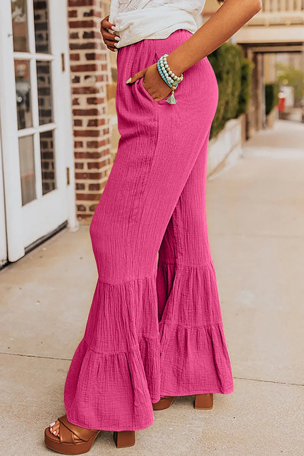 Rose Textured High Waist Ruffled Bell Bottom Trousers sold by Beagle Boutique product image thumbnail 3