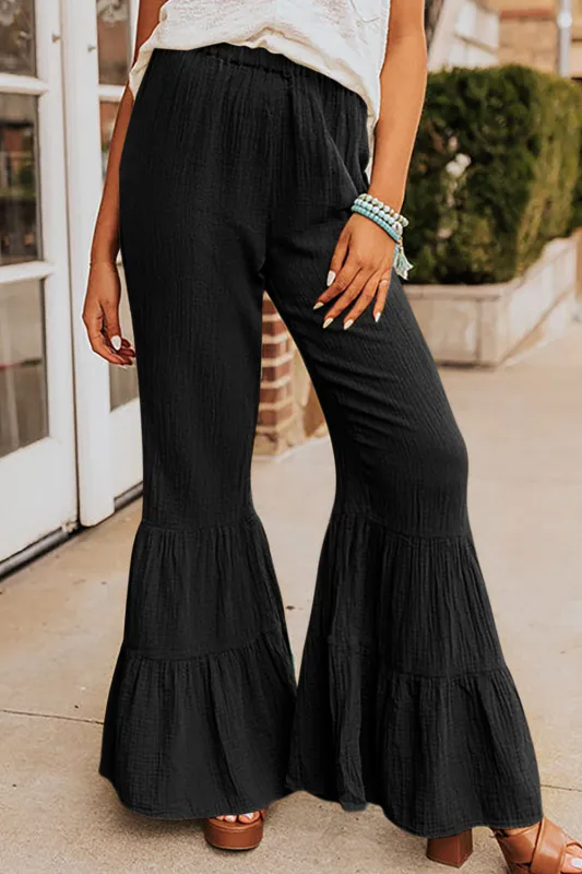 Black Textured High Waist Ruffled Bell Bottom Trousers sold by Beagle Boutique