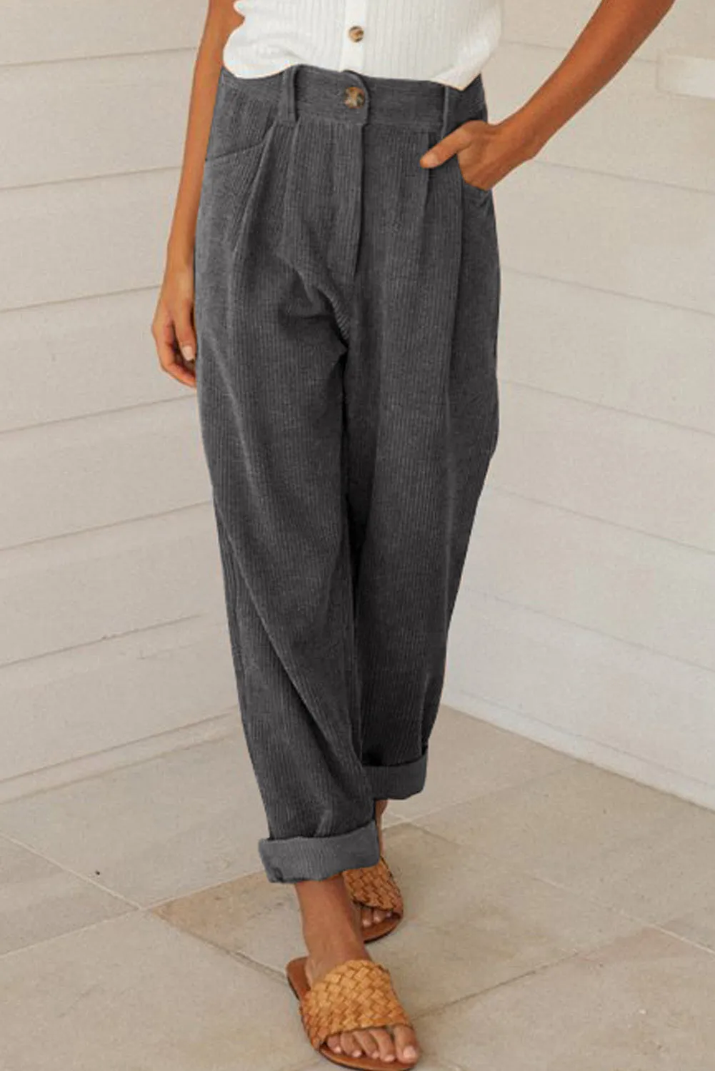 Grey Corduroy High Waist Straight Leg Trousers sold by Beagle Boutique product image thumbnail 3