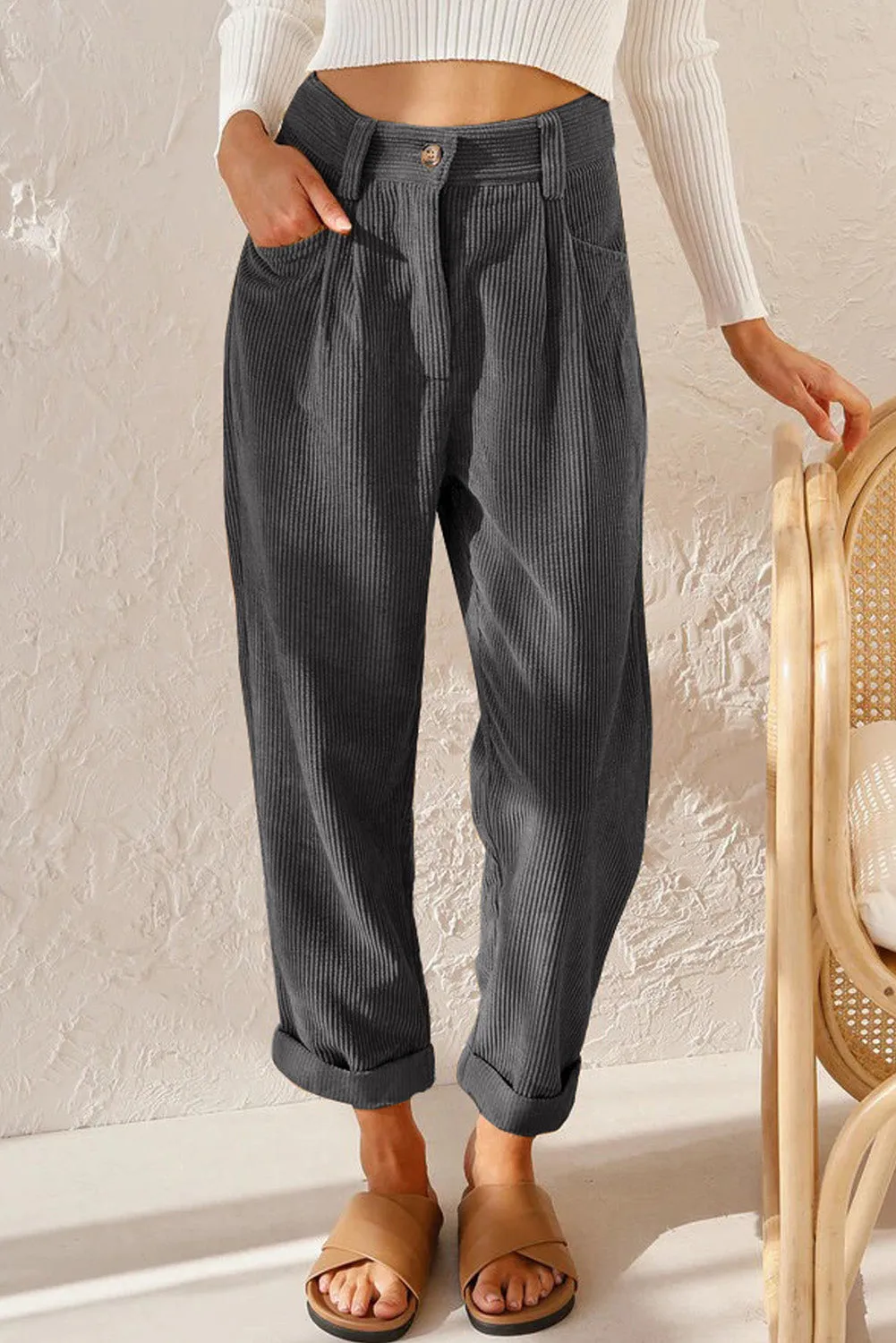 Grey Corduroy High Waist Straight Leg Trousers sold by Beagle Boutique