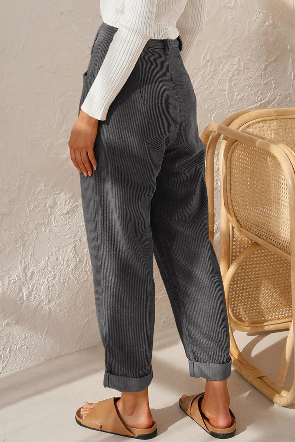 Grey Corduroy High Waist Straight Leg Trousers sold by Beagle Boutique product image thumbnail 2