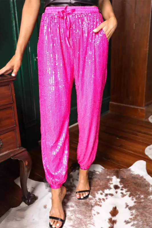 Rose Tie High Waist Sequin Joggers sold by Beagle Boutique