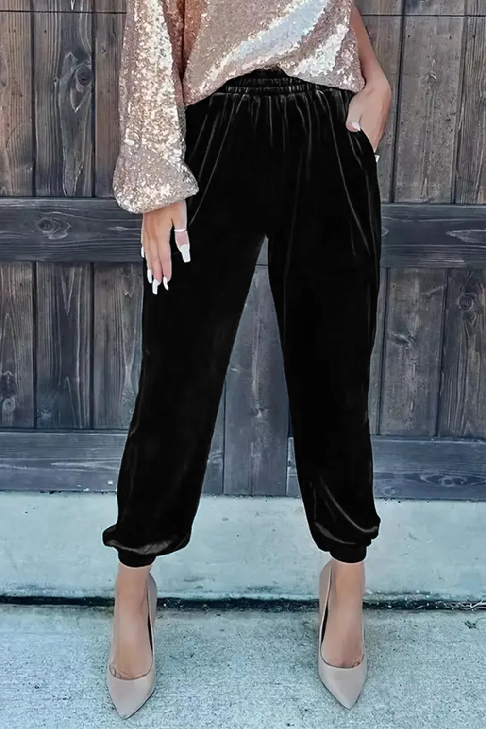 Black Solid Velvet Jogger Trousers sold by Beagle Boutique product image thumbnail 3
