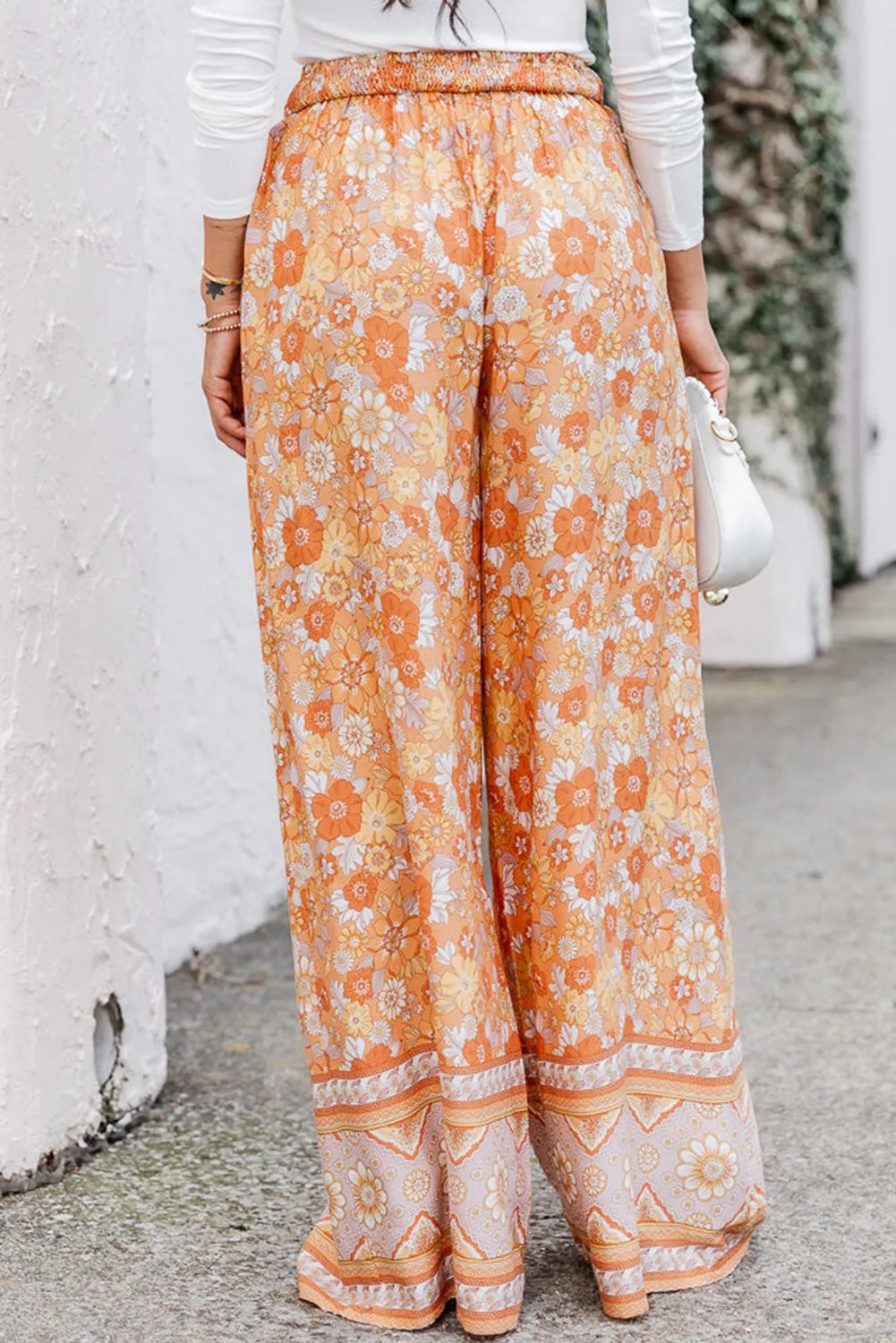 Grapefruit Orange Tie Waist Boho Floral Wide Leg Trousers sold by Beagle Boutique product image thumbnail 3