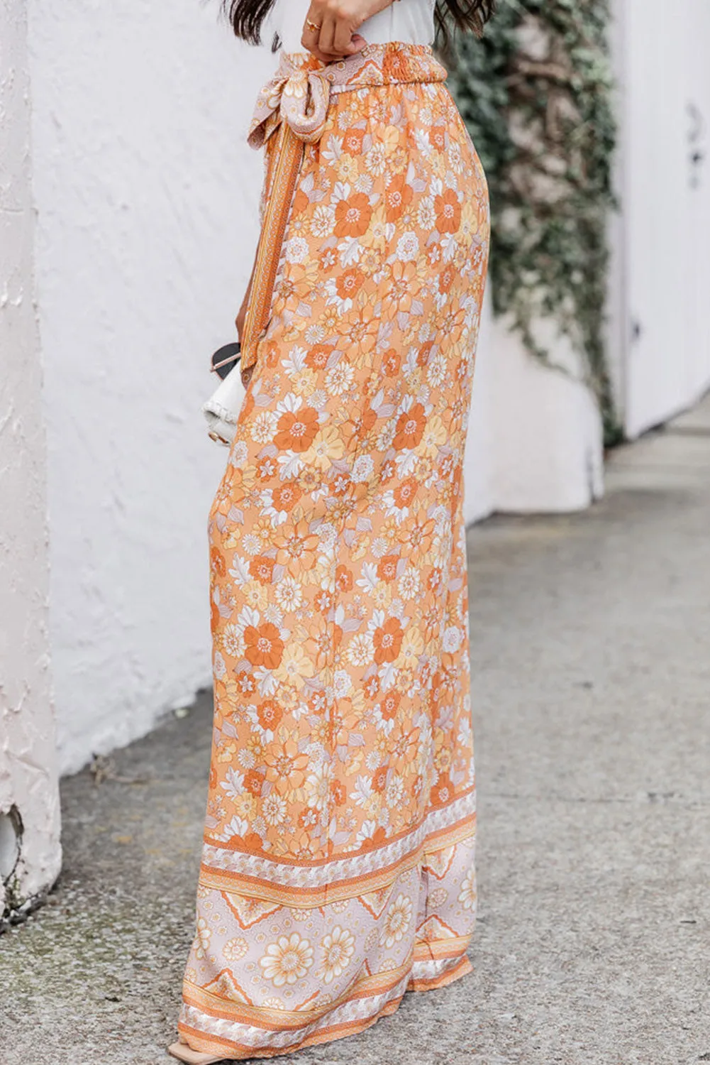 Grapefruit Orange Tie Waist Boho Floral Wide Leg Trousers sold by Beagle Boutique product image thumbnail 2