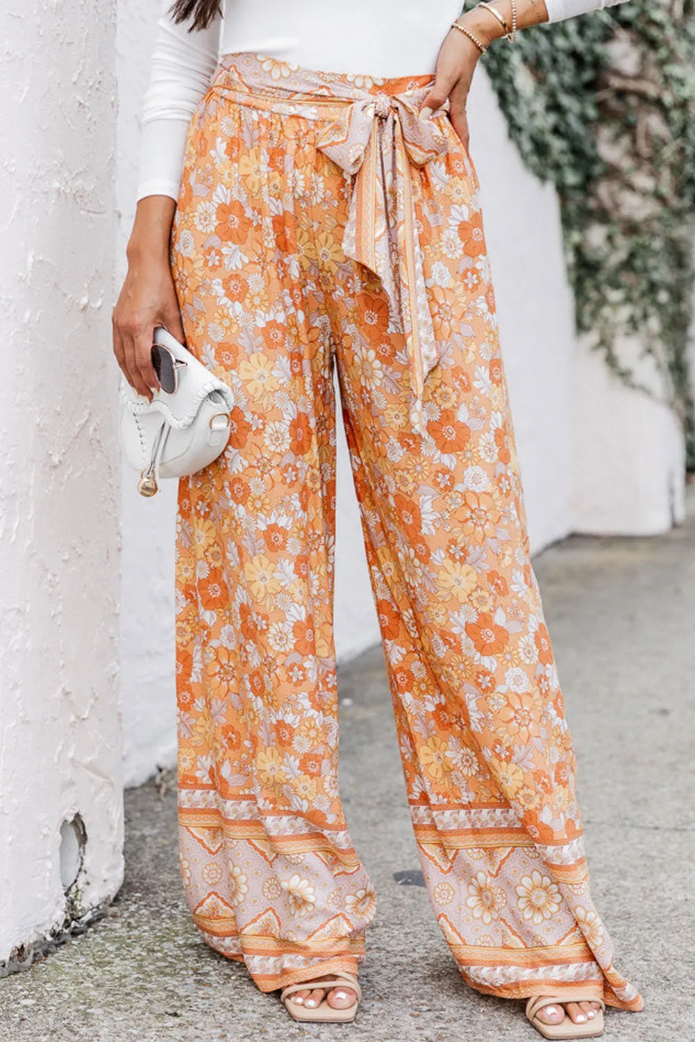 Grapefruit Orange Tie Waist Boho Floral Wide Leg Trousers sold by Beagle Boutique