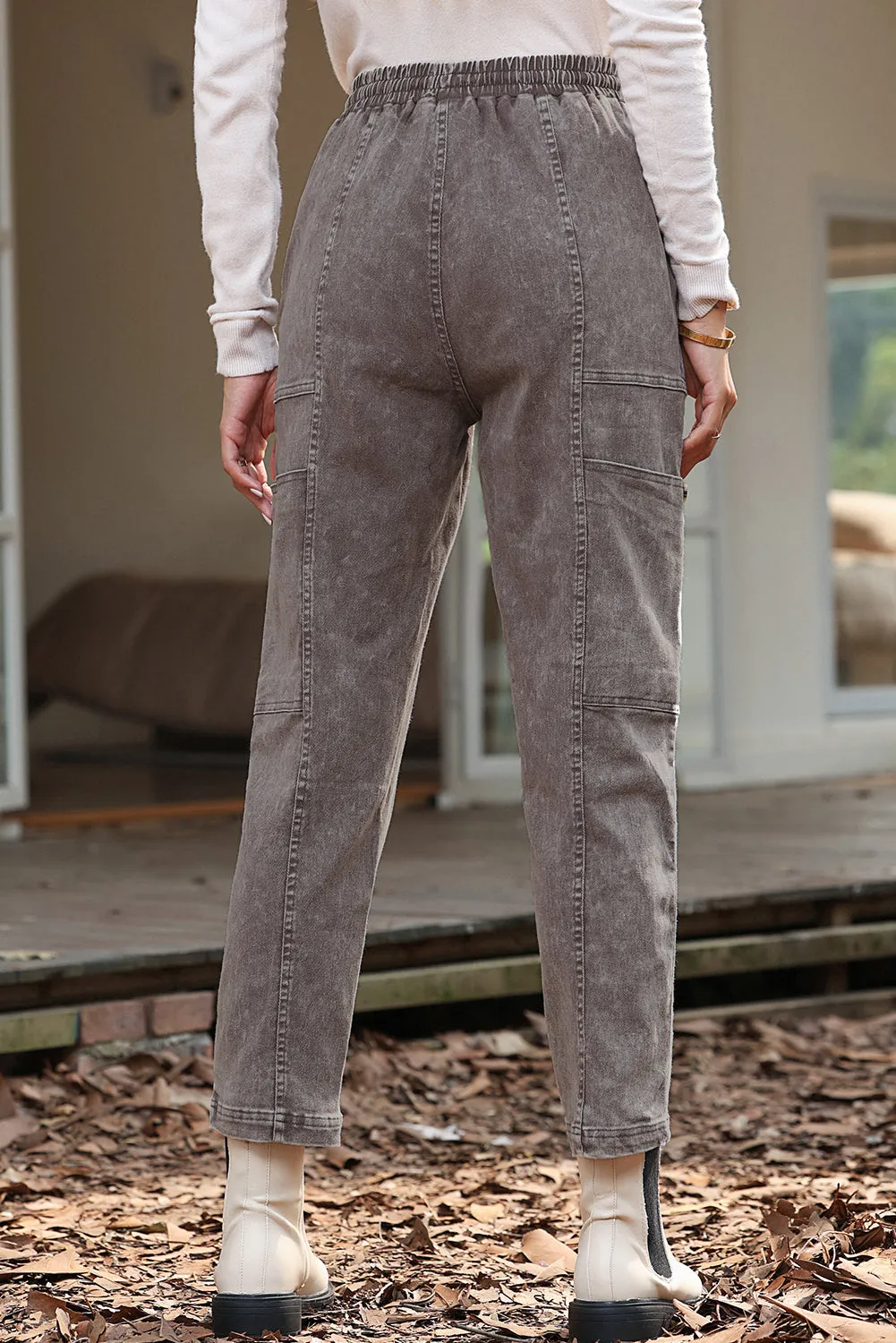 Gray Acid Wash Multi Pocket Drawstring Waist Trousers sold by Beagle Boutique product image thumbnail 2