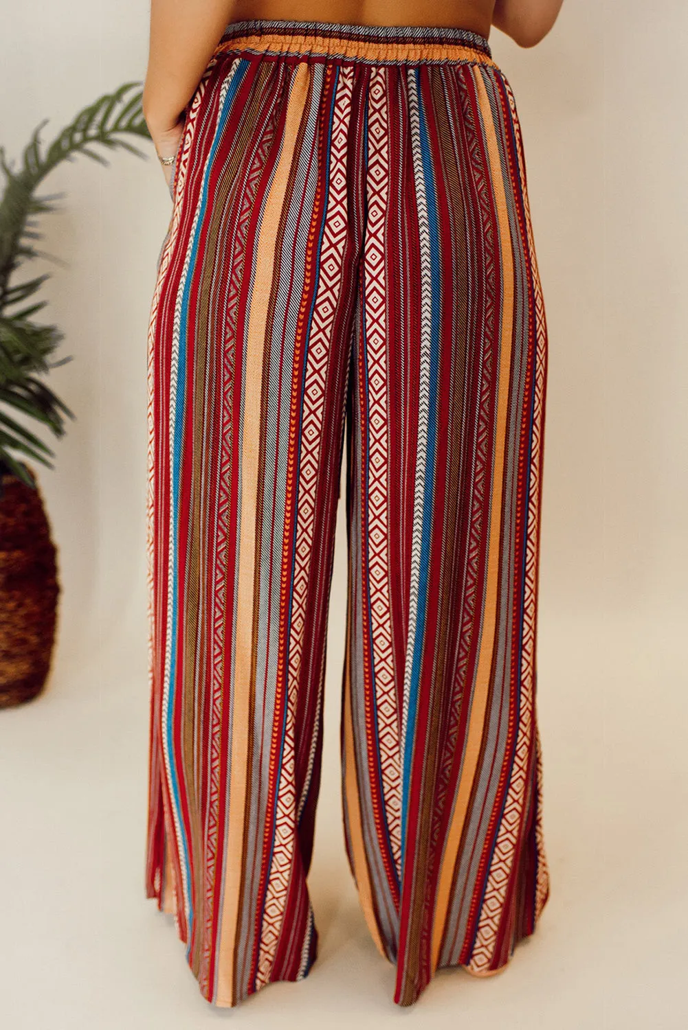 Red Boho Ethnic Striped Print Tie Waist Wide Leg Trousers sold by Beagle Boutique product image thumbnail 3