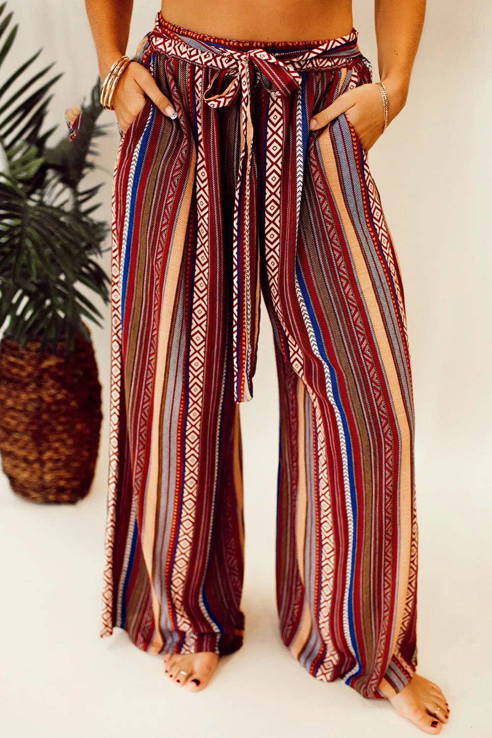 Red Boho Ethnic Striped Print Tie Waist Wide Leg Trousers sold by Beagle Boutique