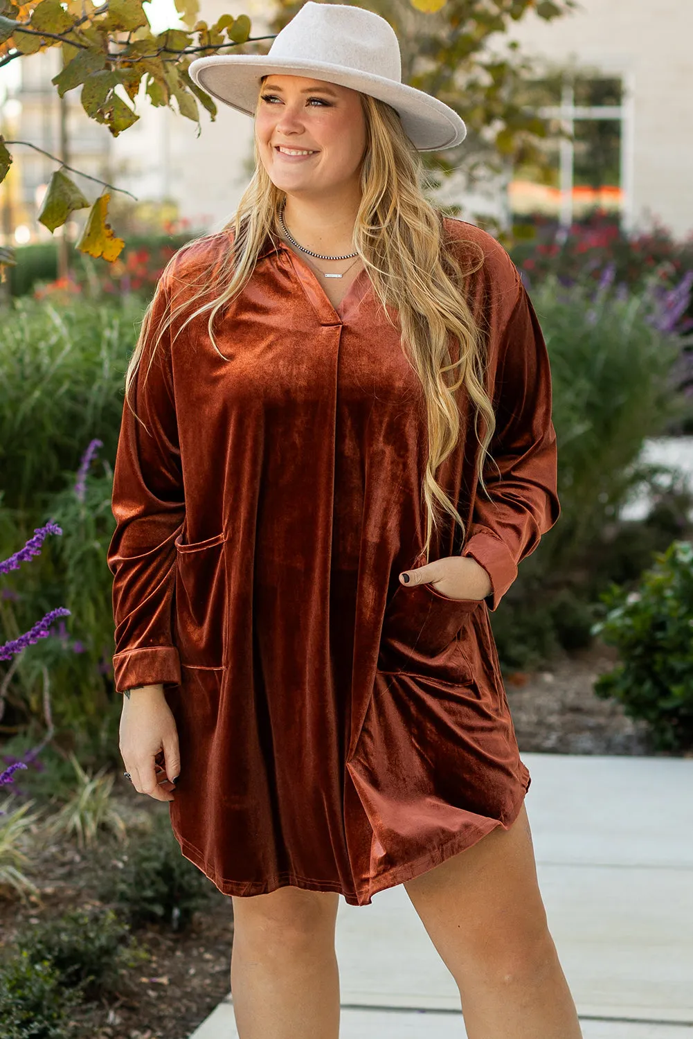 Coffee Plus Size V Neck Collared Pleated Back Rounded Hem Velvet Dress sold by Beagle Boutique