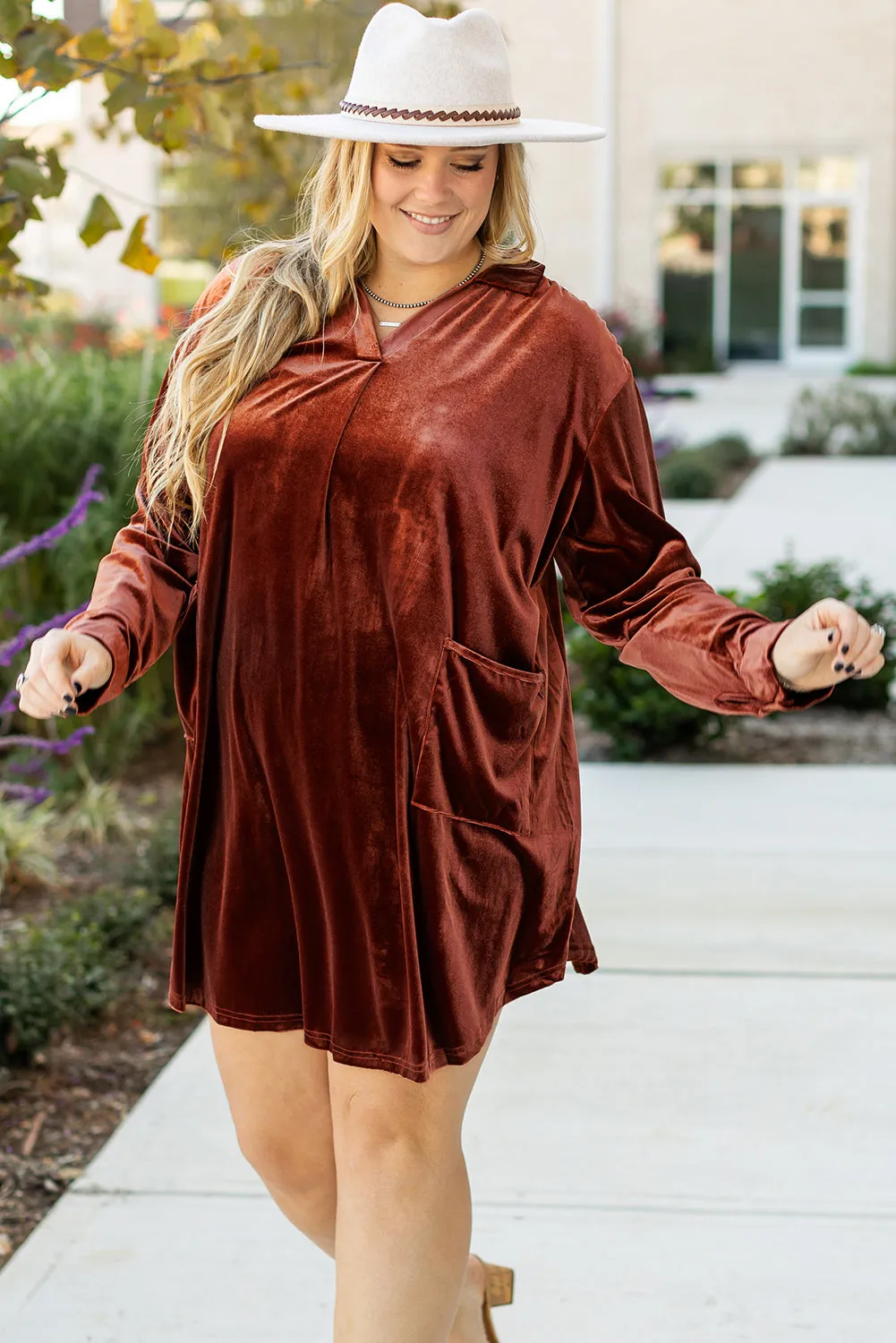 Coffee Plus Size V Neck Collared Pleated Back Rounded Hem Velvet Dress sold by Beagle Boutique product image thumbnail 5