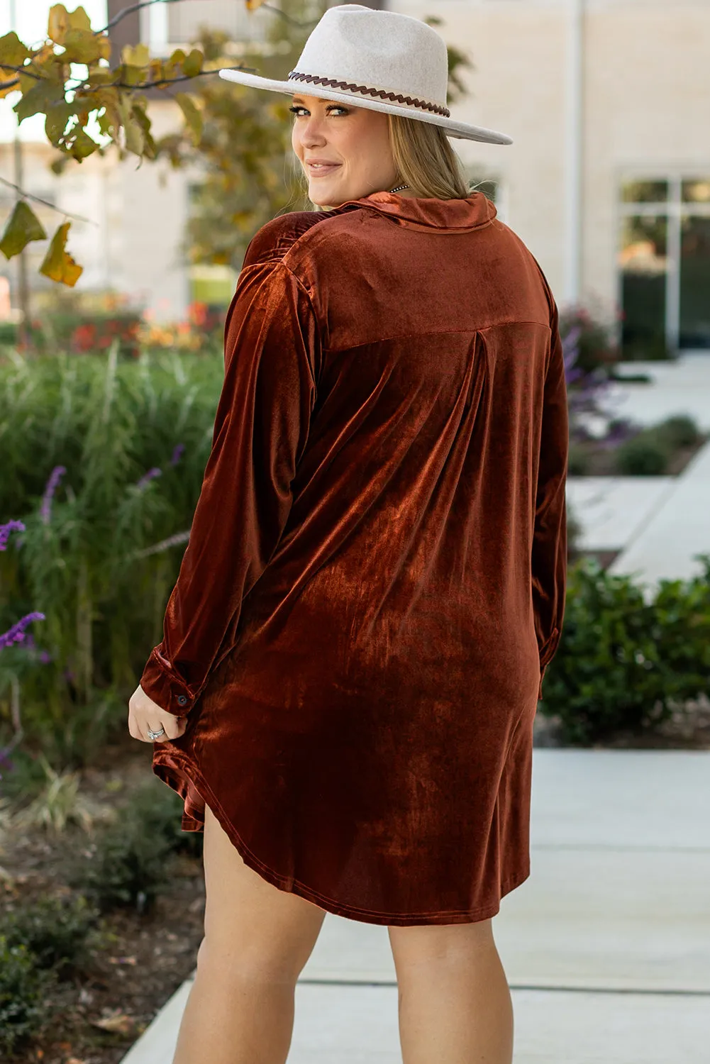 Coffee Plus Size V Neck Collared Pleated Back Rounded Hem Velvet Dress sold by Beagle Boutique product image thumbnail 2