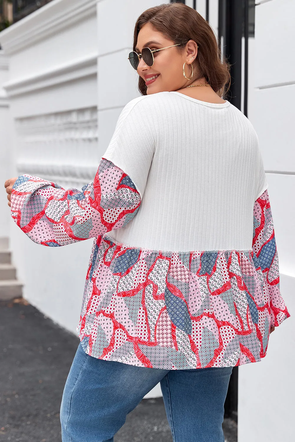 Apricot Plus Size Printed Patchwork Textured Buttoned Blouse sold by Beagle Boutique product image thumbnail 2
