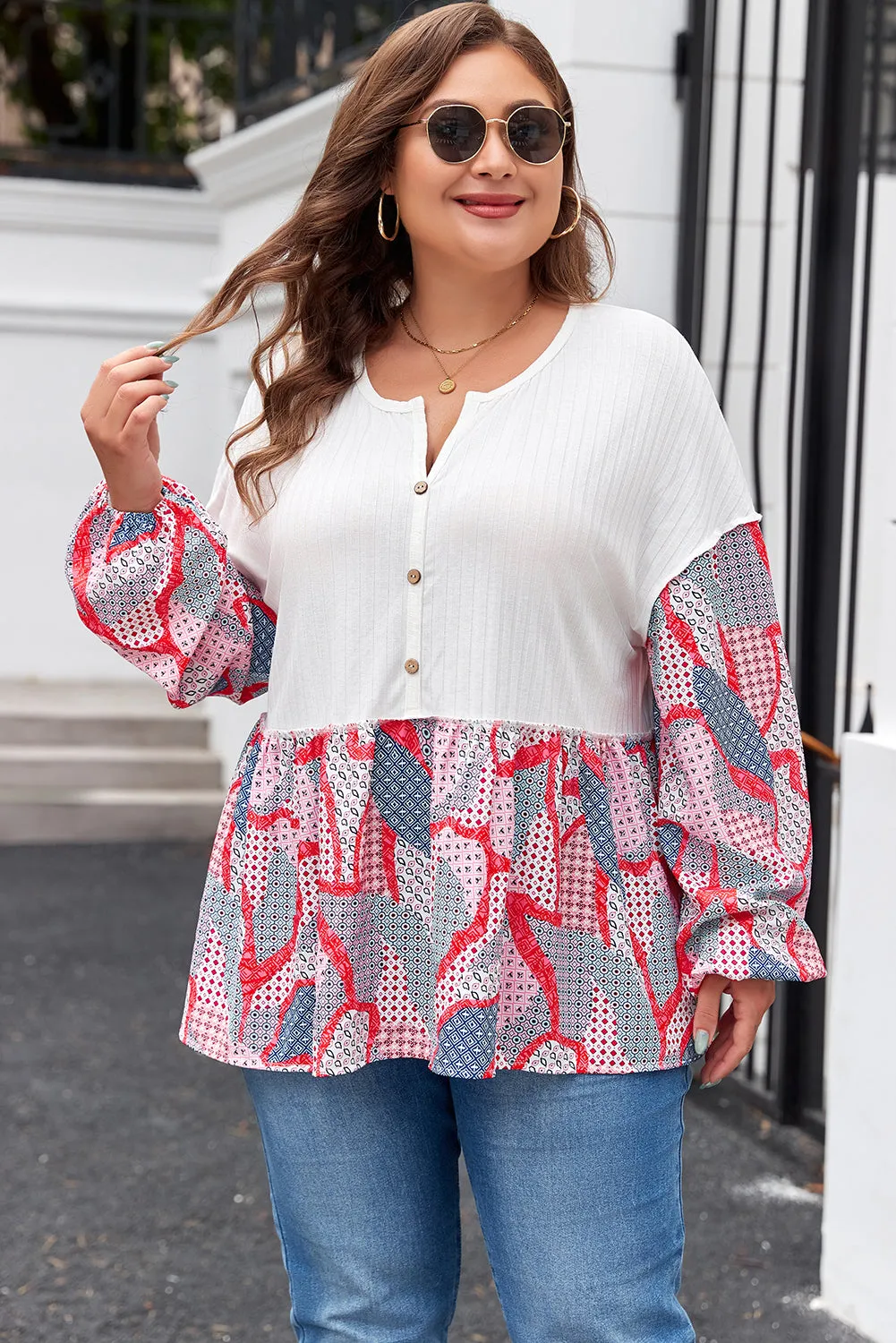 Apricot Plus Size Printed Patchwork Textured Buttoned Blouse sold by Beagle Boutique product image thumbnail 4