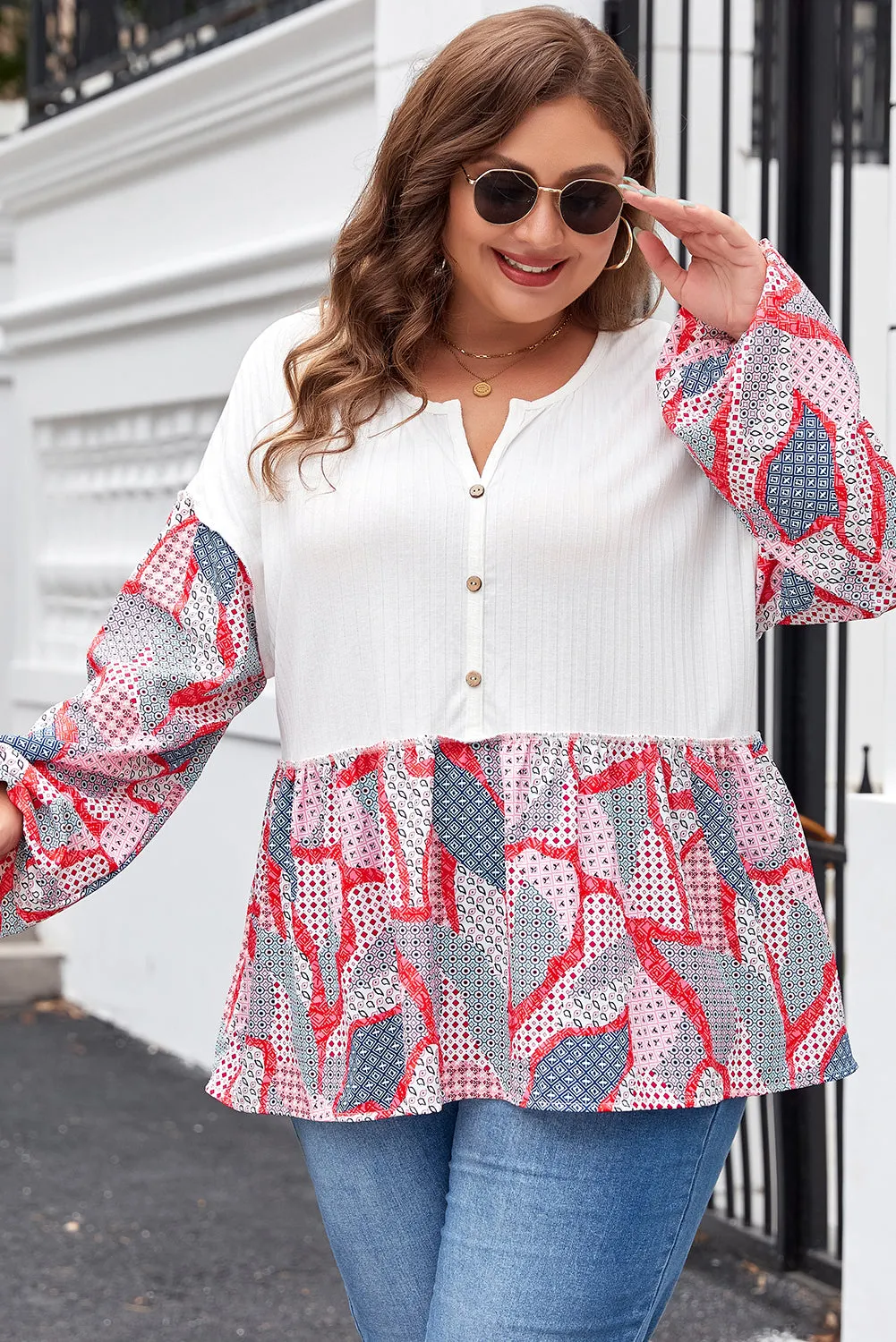 Apricot Plus Size Printed Patchwork Textured Buttoned Blouse sold by Beagle Boutique product image thumbnail 5