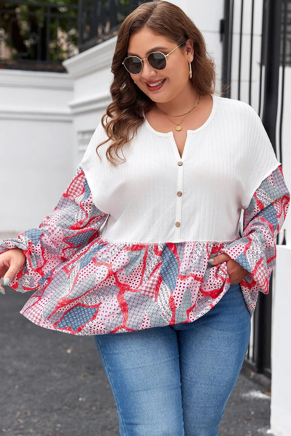 Apricot Plus Size Printed Patchwork Textured Buttoned Blouse sold by Beagle Boutique
