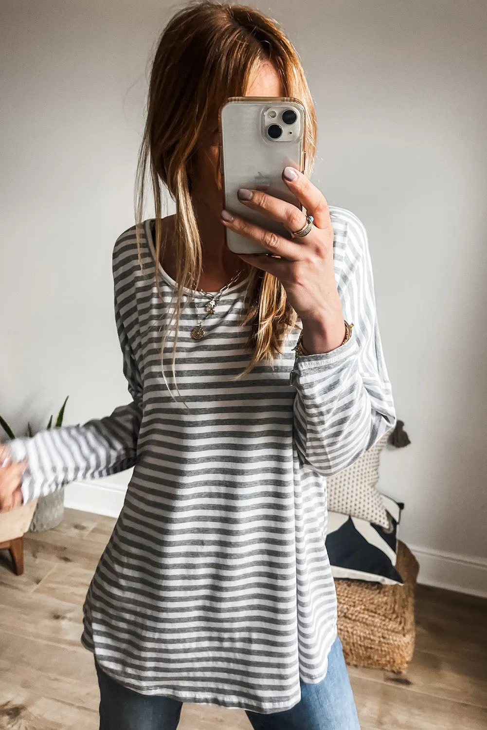 Grey Stripe Drop Sleeve Round Neck Oversized Long Sleeve Top sold by Beagle Boutique product image thumbnail 2