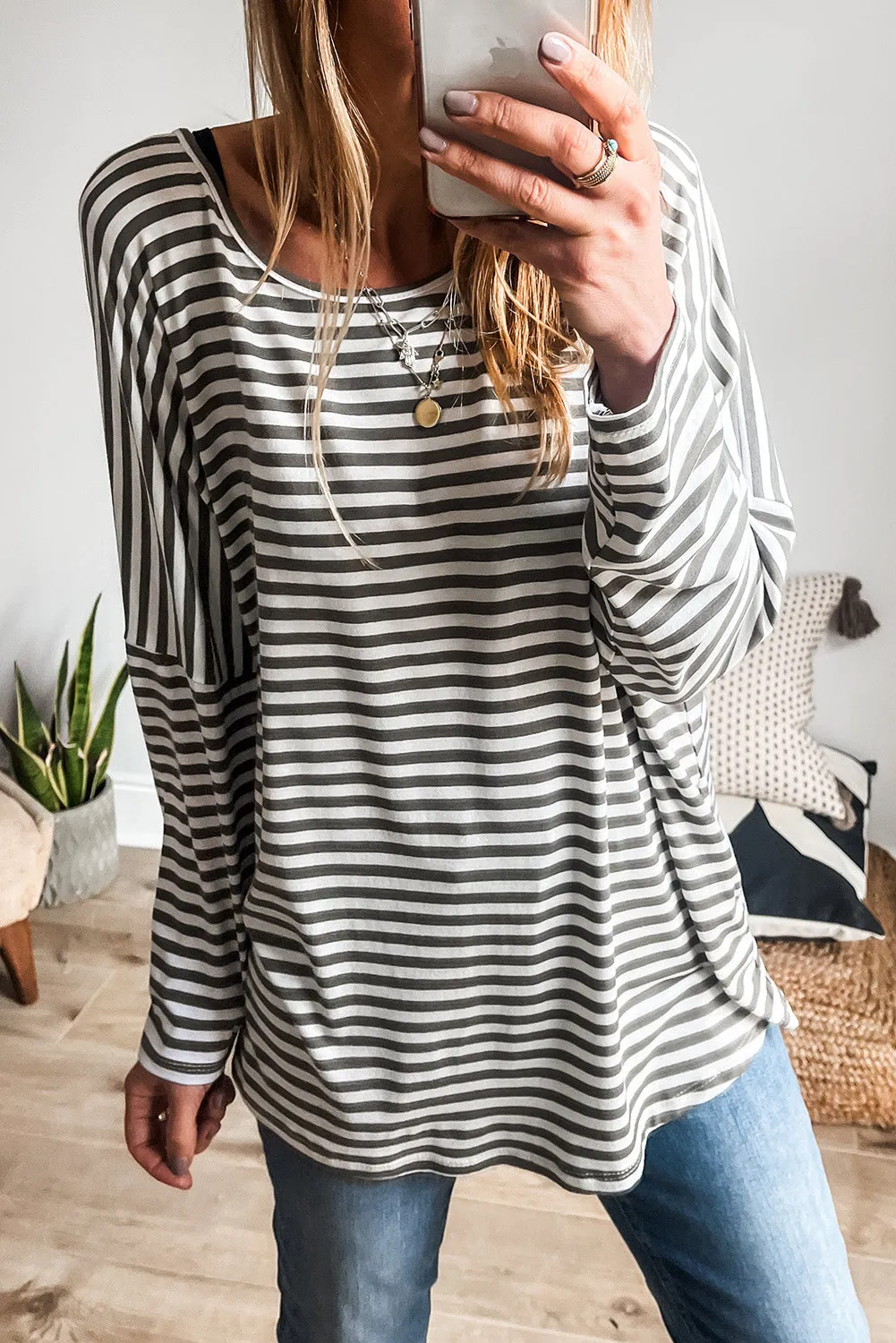 Grey Stripe Drop Sleeve Round Neck Oversized Long Sleeve Top sold by Beagle Boutique
