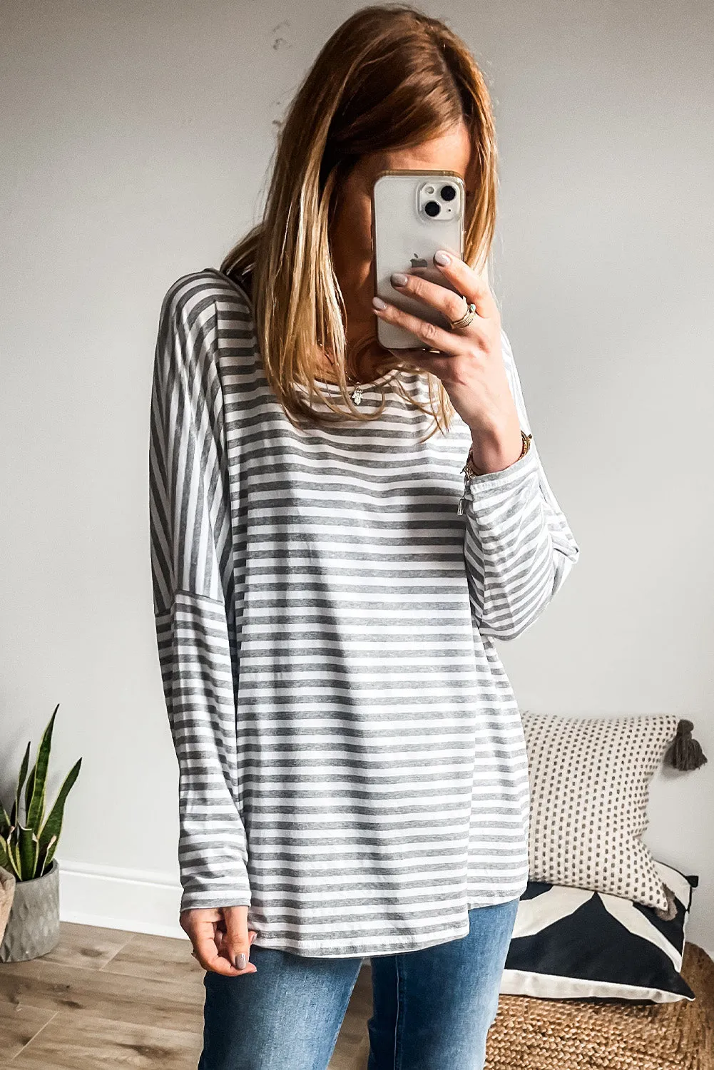 Grey Stripe Drop Sleeve Round Neck Oversized Long Sleeve Top sold by Beagle Boutique product image thumbnail 3