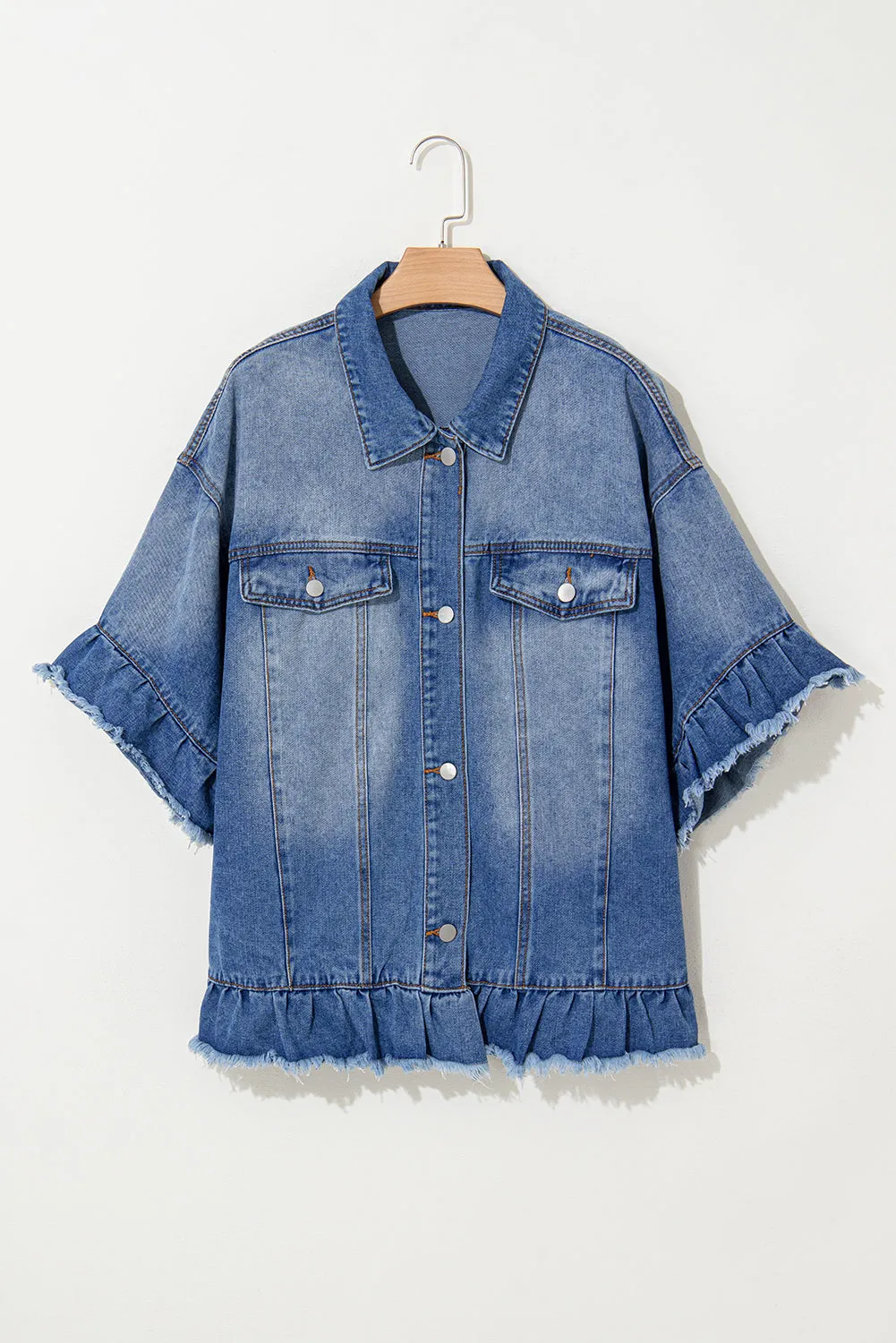 Peacock Blue Ruffled Frayed Short Sleeve Plus Size Denim Jacket sold by Beagle Boutique