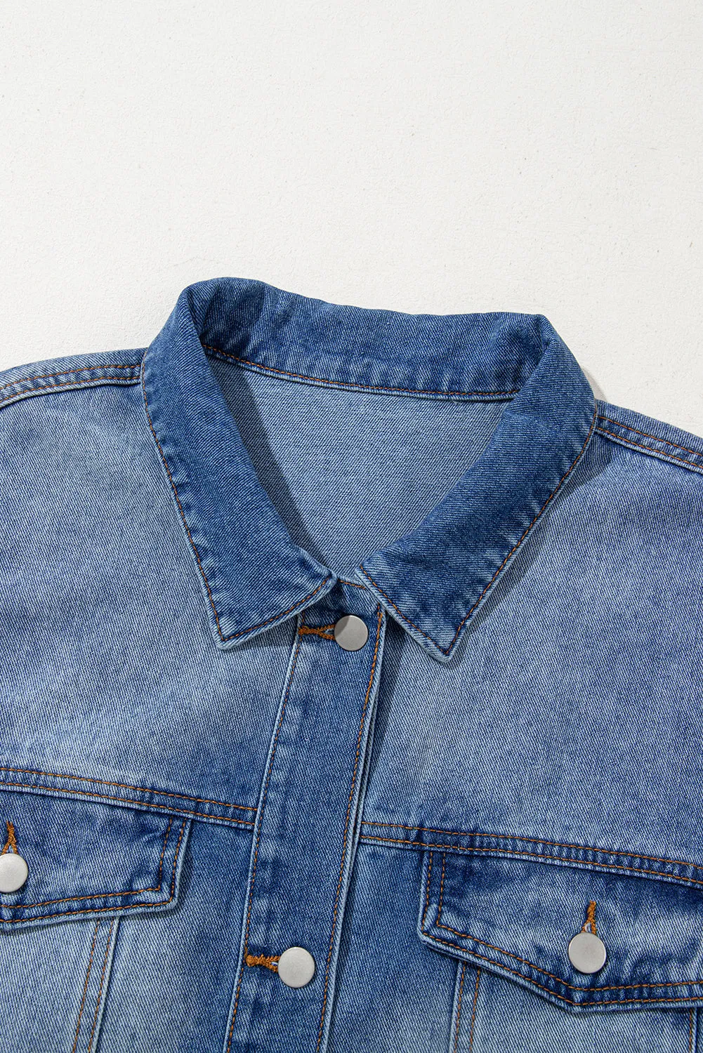 Peacock Blue Ruffled Frayed Short Sleeve Plus Size Denim Jacket sold by Beagle Boutique product image thumbnail 3