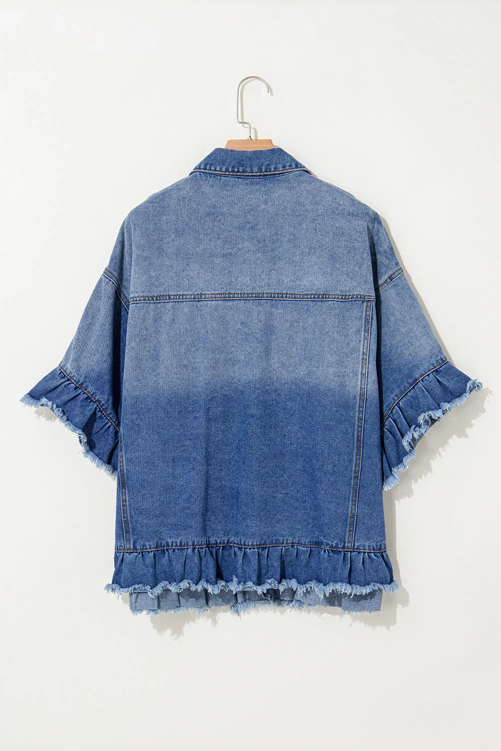 Peacock Blue Ruffled Frayed Short Sleeve Plus Size Denim Jacket sold by Beagle Boutique product image thumbnail 2
