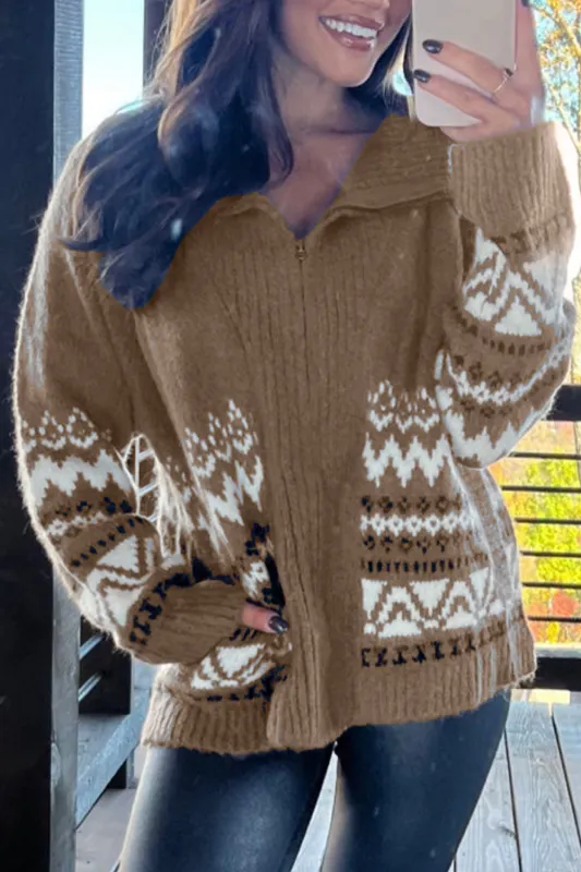 Brown Western Printed Ribbed Trim Collared Zip up Cardigan sold by Beagle Boutique