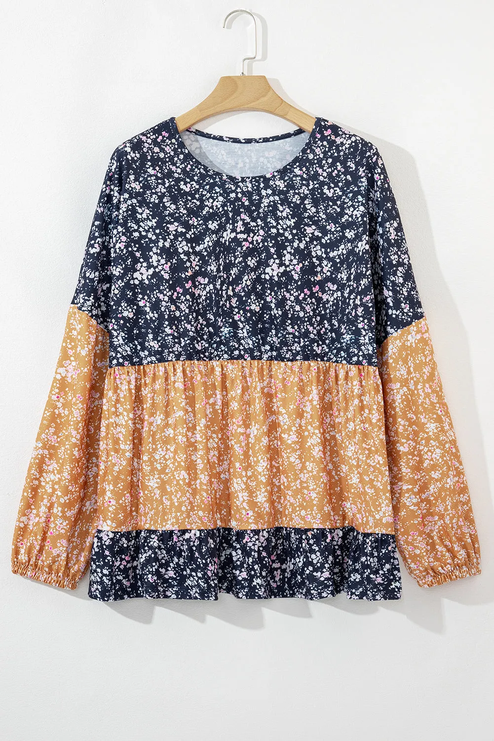 Blue Floral Colour Block Patchwork Ruffled Hem Round Neck Blouse sold by Beagle Boutique product image thumbnail 3
