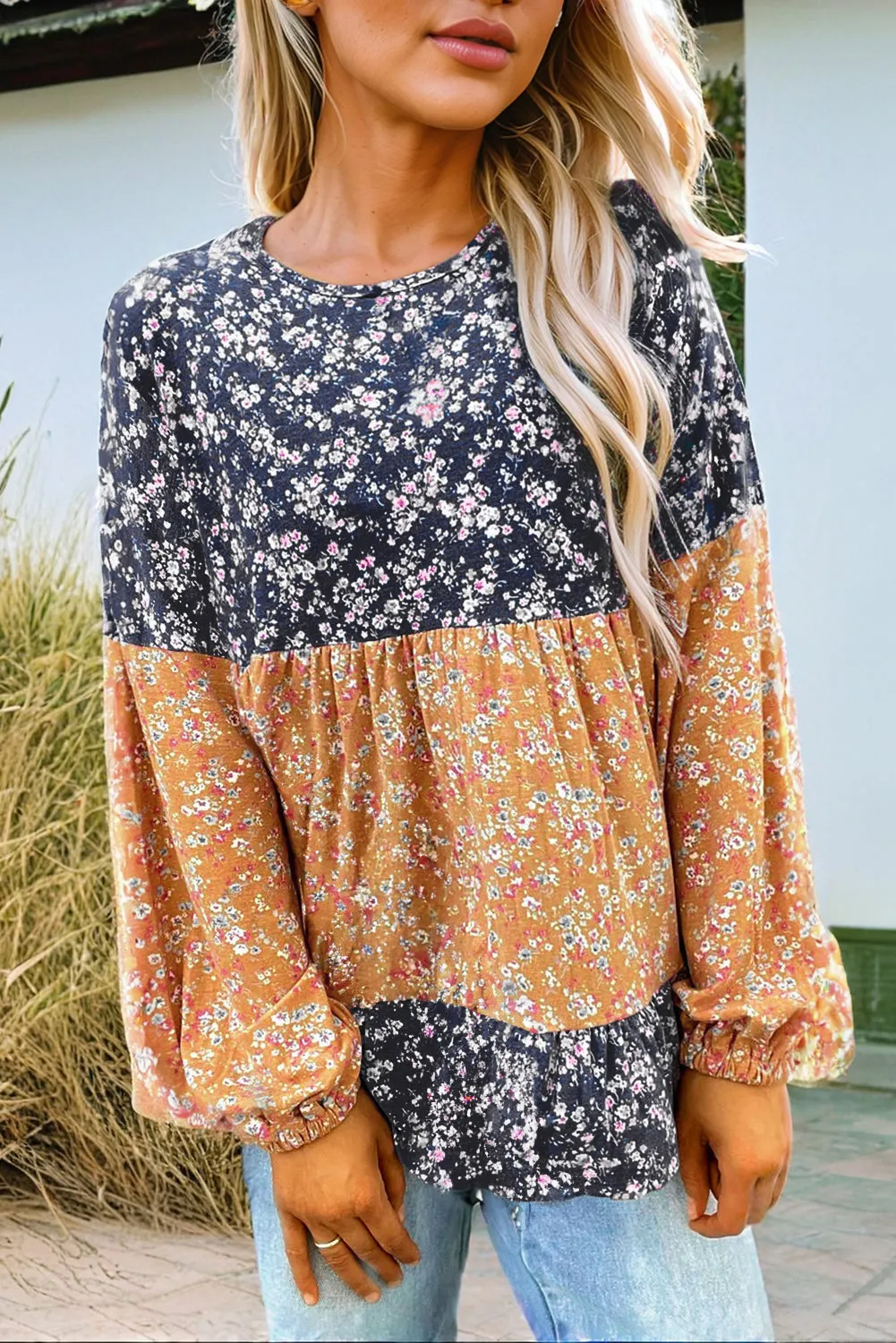 Blue Floral Colour Block Patchwork Ruffled Hem Round Neck Blouse sold by Beagle Boutique