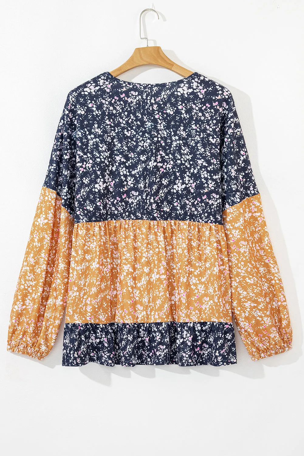 Blue Floral Colour Block Patchwork Ruffled Hem Round Neck Blouse sold by Beagle Boutique product image thumbnail 4