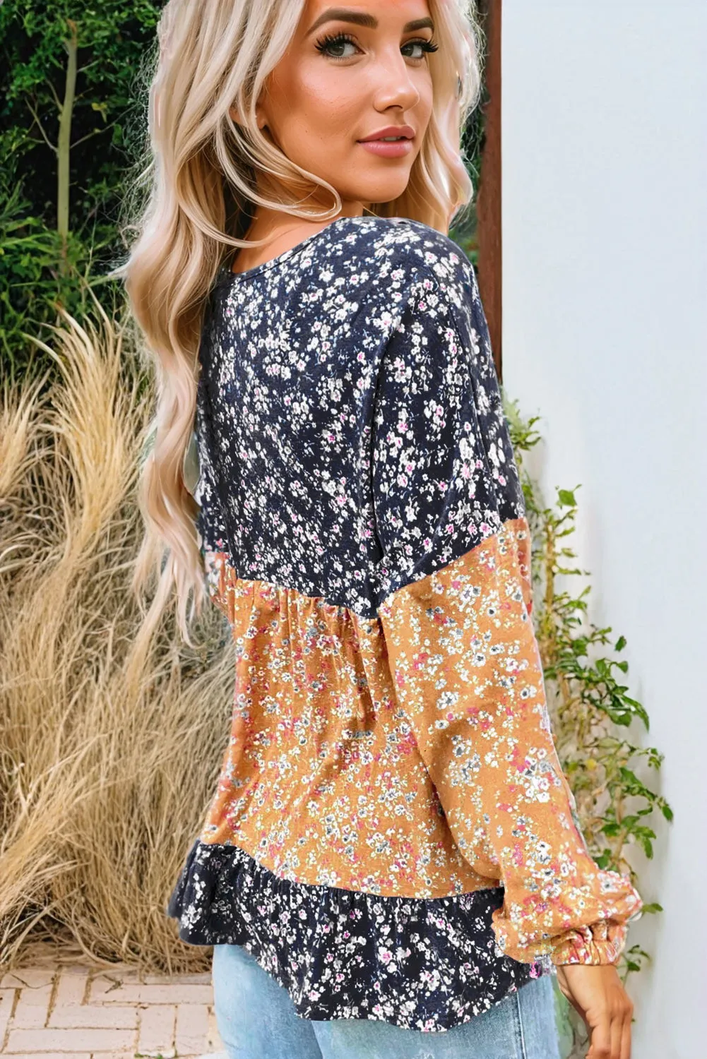 Blue Floral Colour Block Patchwork Ruffled Hem Round Neck Blouse sold by Beagle Boutique product image thumbnail 2