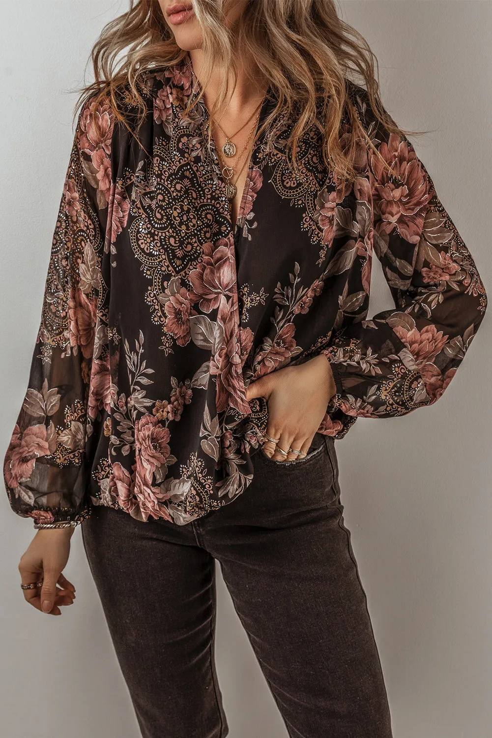 Black Floral Print Criss Cross V-Neck Balloon Sleeve Blouse Metallic Thread sold by Beagle Boutique product image thumbnail 3