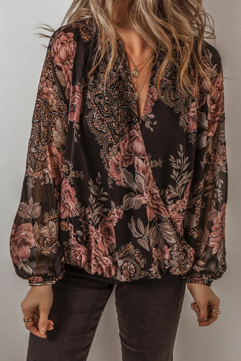 Black Floral Print Criss Cross V-Neck Balloon Sleeve Blouse Metallic Thread sold by Beagle Boutique