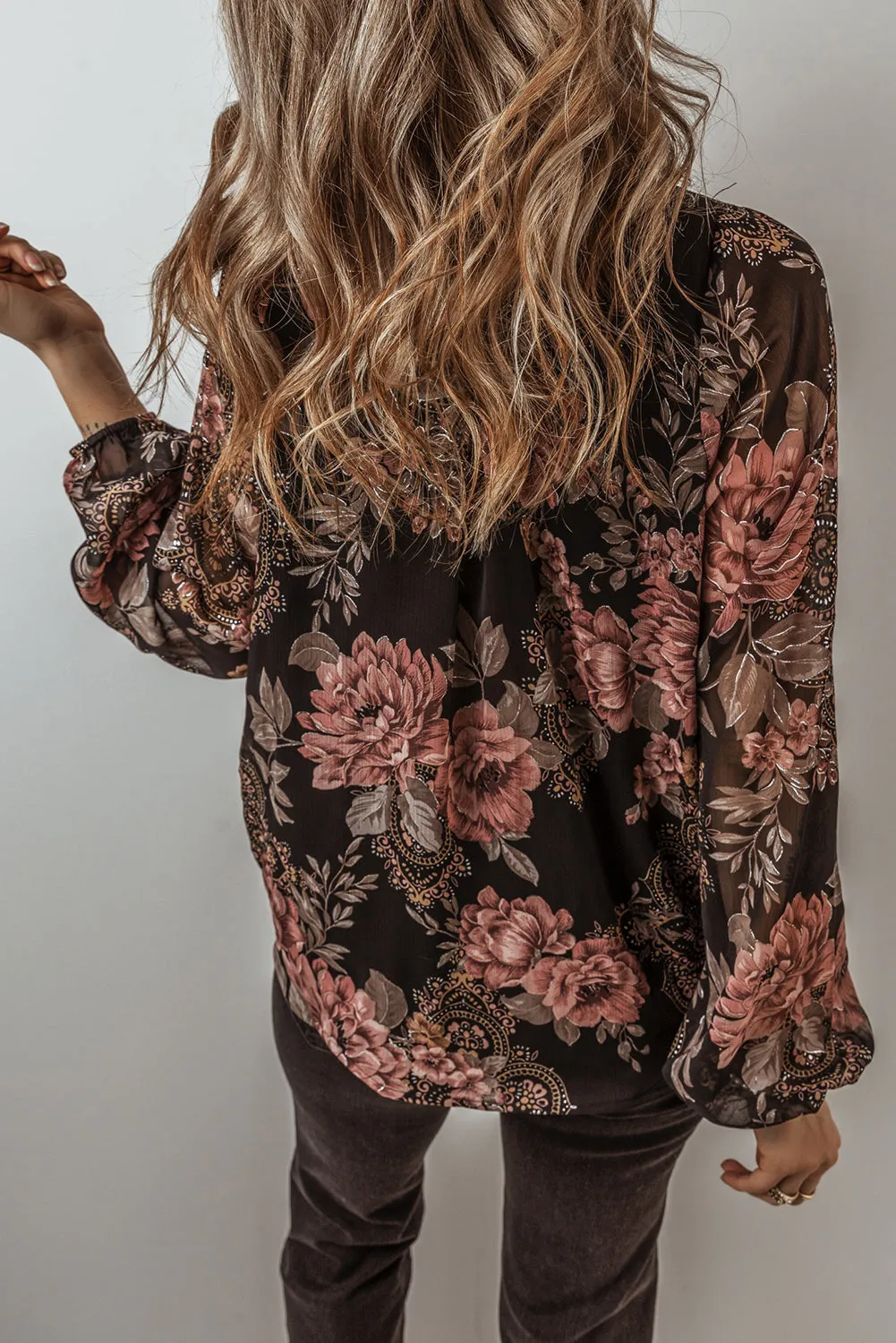 Black Floral Print Criss Cross V-Neck Balloon Sleeve Blouse Metallic Thread sold by Beagle Boutique product image thumbnail 2