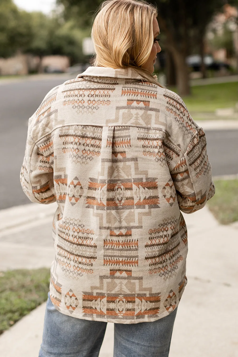 White Aztec Geometric Print Pockets Plus Size Jacket sold by Beagle Boutique product image thumbnail 2