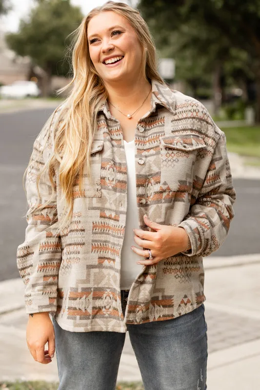 White Aztec Geometric Print Pockets Plus Size Jacket sold by Beagle Boutique