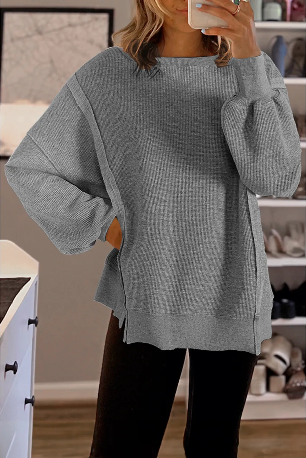 Grey Waffle knit Bishop Sleeve Split Oversized Top sold by Beagle Boutique