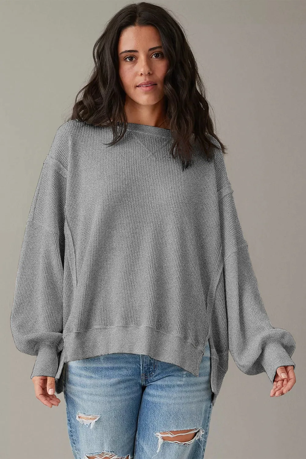 Grey Waffle knit Bishop Sleeve Split Oversized Top sold by Beagle Boutique product image thumbnail 2