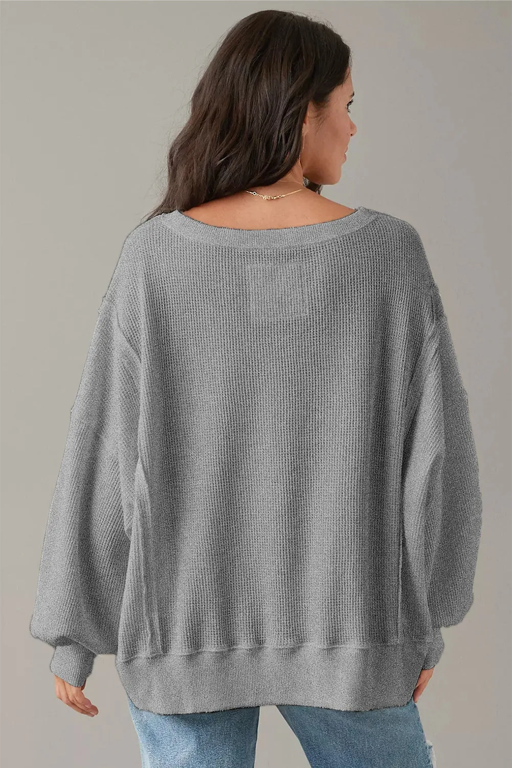 Grey Waffle knit Bishop Sleeve Split Oversized Top sold by Beagle Boutique product image thumbnail 3