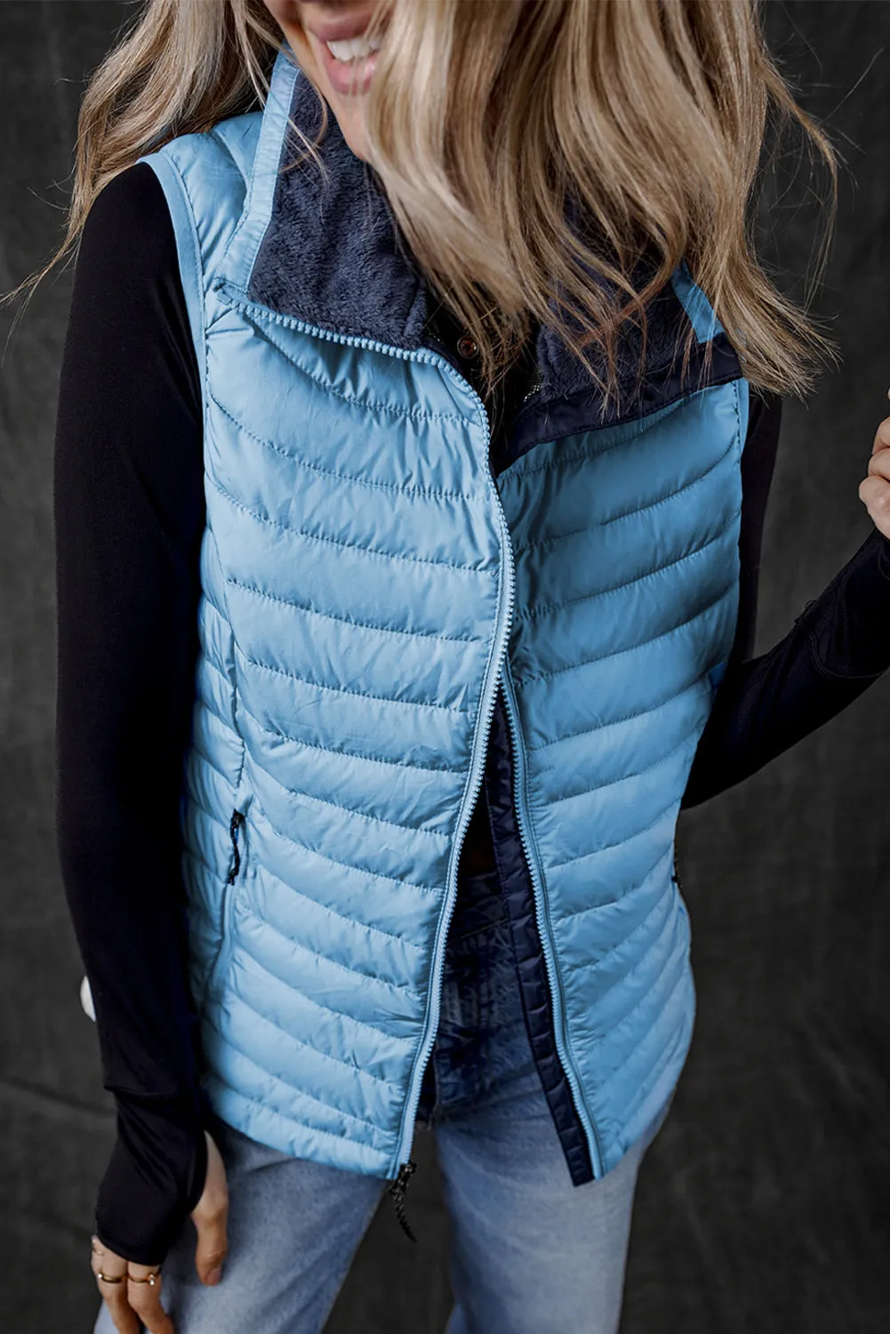 Sky Blue Plush Collared Quilted Zipped Puffer Vest sold by Beagle Boutique