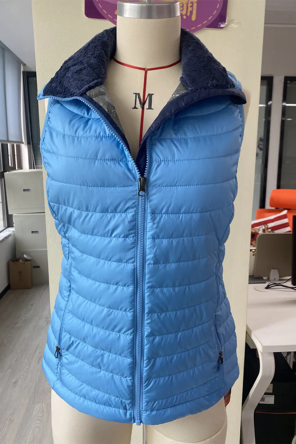 Sky Blue Plush Collared Quilted Zipped Puffer Vest sold by Beagle Boutique product image thumbnail 4