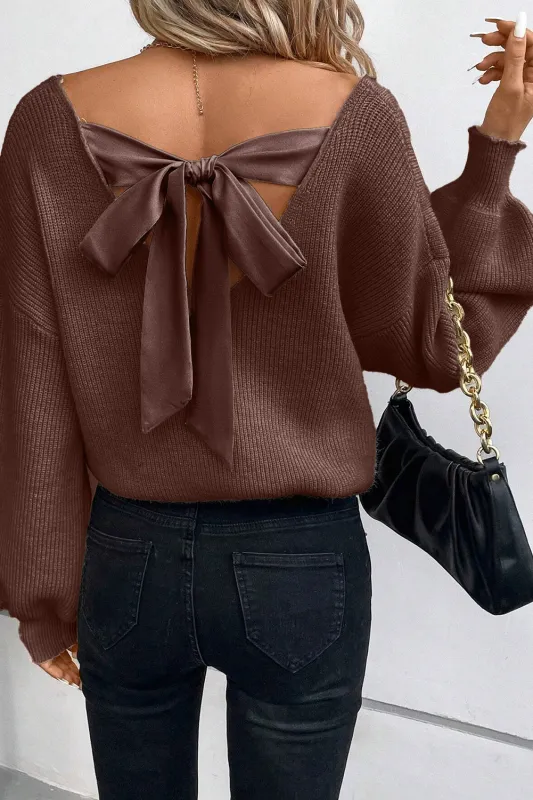 Coffee Lantern Sleeve V Neck Knot Back Sweater made by Beagle Boutique