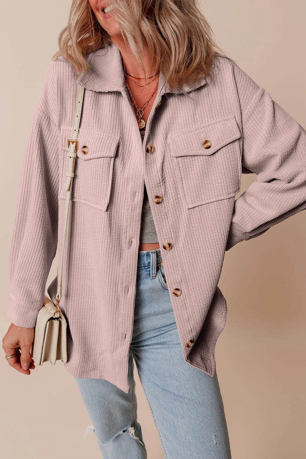 Light Pink Corduroy Flap Pocket Button Up Shacket sold by Beagle Boutique product image thumbnail 2