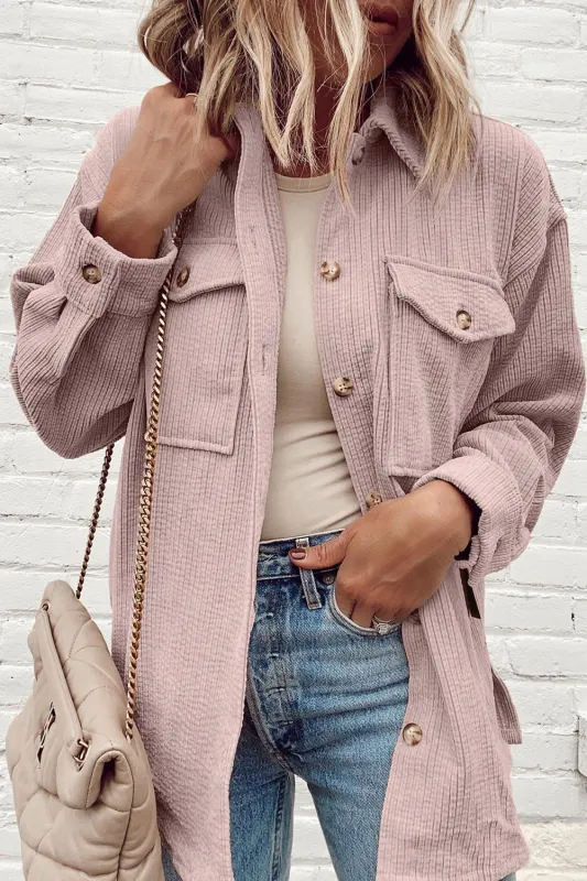 Light Pink Corduroy Flap Pocket Button Up Shacket sold by Beagle Boutique