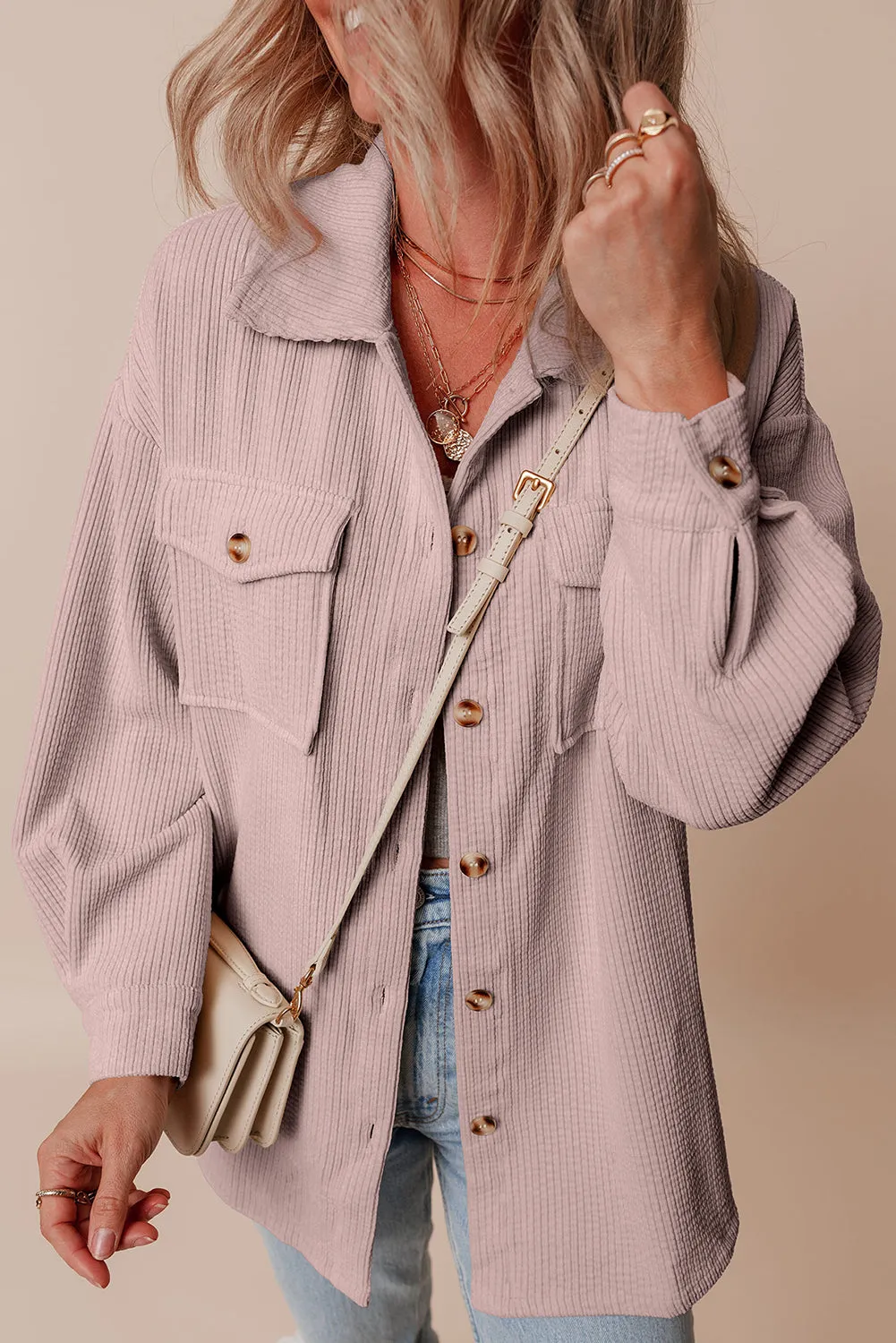 Light Pink Corduroy Flap Pocket Button Up Shacket sold by Beagle Boutique product image thumbnail 5