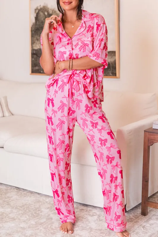 Pink Bow Knot Print Lapel Collar Short Sleeve and Trousers Pyjamas Set sold by Beagle Boutique