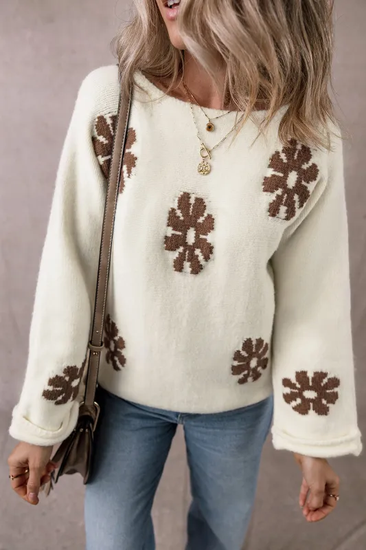 White Colourblock Floral Pattern Round Neck Sweater sold by Beagle Boutique