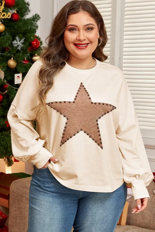 Beige Star Shape Studded Crew Neck Plus Size T Shirt sold by Beagle Boutique