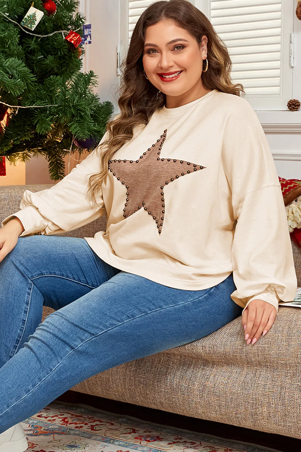 Beige Star Shape Studded Crew Neck Plus Size T Shirt sold by Beagle Boutique product image thumbnail 3
